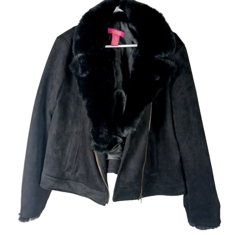 Catherine Malandrino Short Moto Jacket Womens XL Black Faux Fur Suede Biker